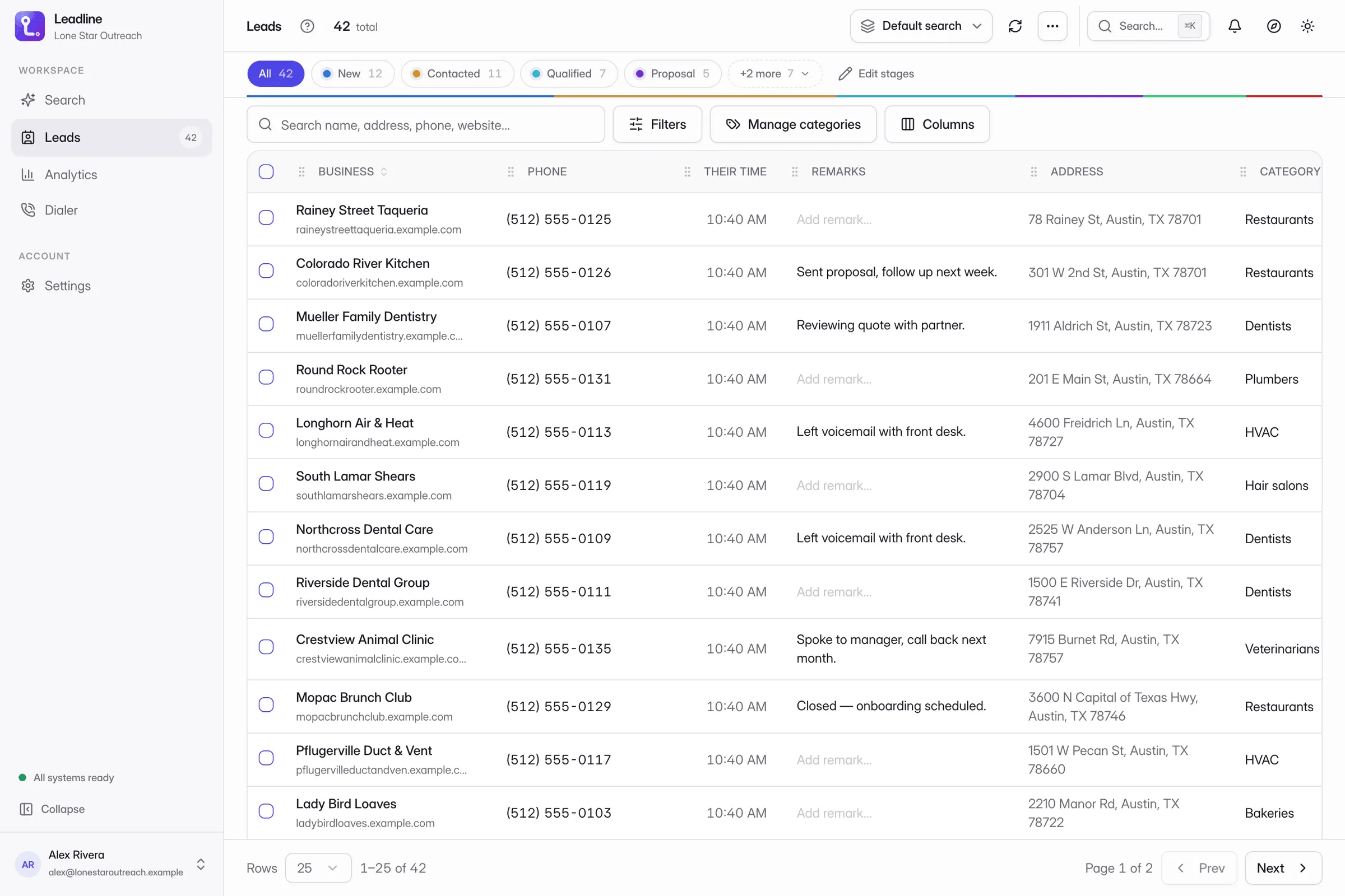 The Leadline workspace: a table of local businesses harvested from Google Maps, with phone numbers, remarks and pipeline stage