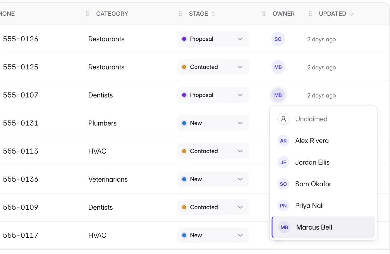 Assigning a lead to a teammate from the Owner column of the Leads table